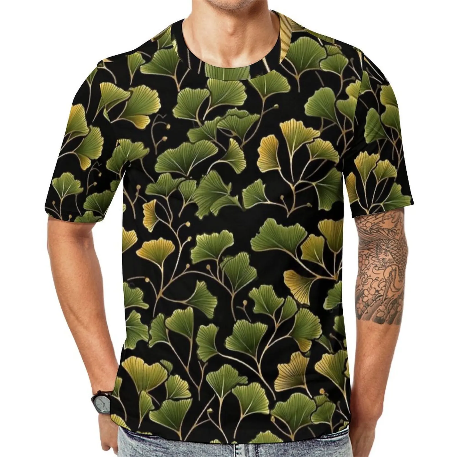 Golden Retro Leaf Ginkgo Art T Shirt Hippie T-Shirts Men Casual Tee Shirt Original Short-Sleeved Graphic Top Tees Plus Size 5XL
