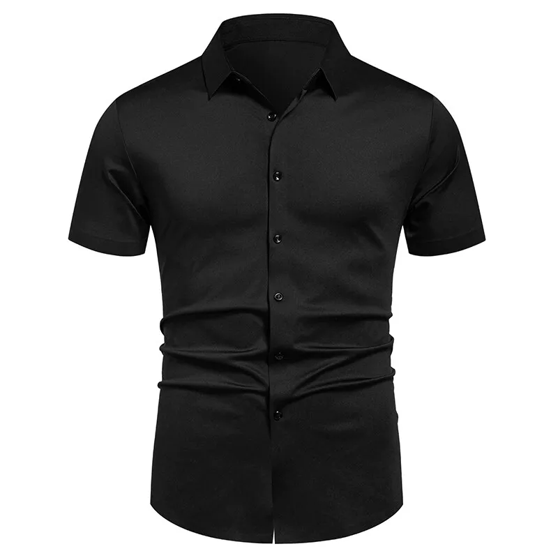 Camisa Masculina Stretch Sem Rugas Camisas Sociais Ajuste Regular Manga Curta Casual de Negócios Camisas com Botão