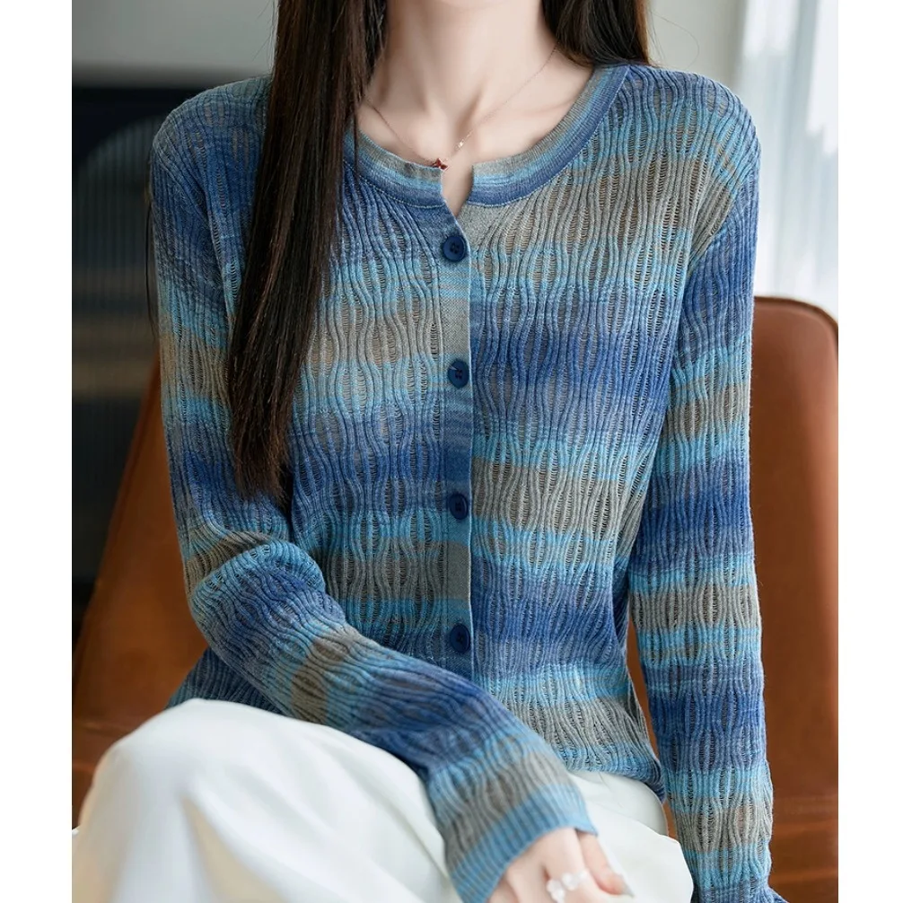 

Высококачественный женский вязаный кардиган в европейском стиле из мягкой шерсти в радужную полоску с вырезом, модный дизайн для поездок на работу