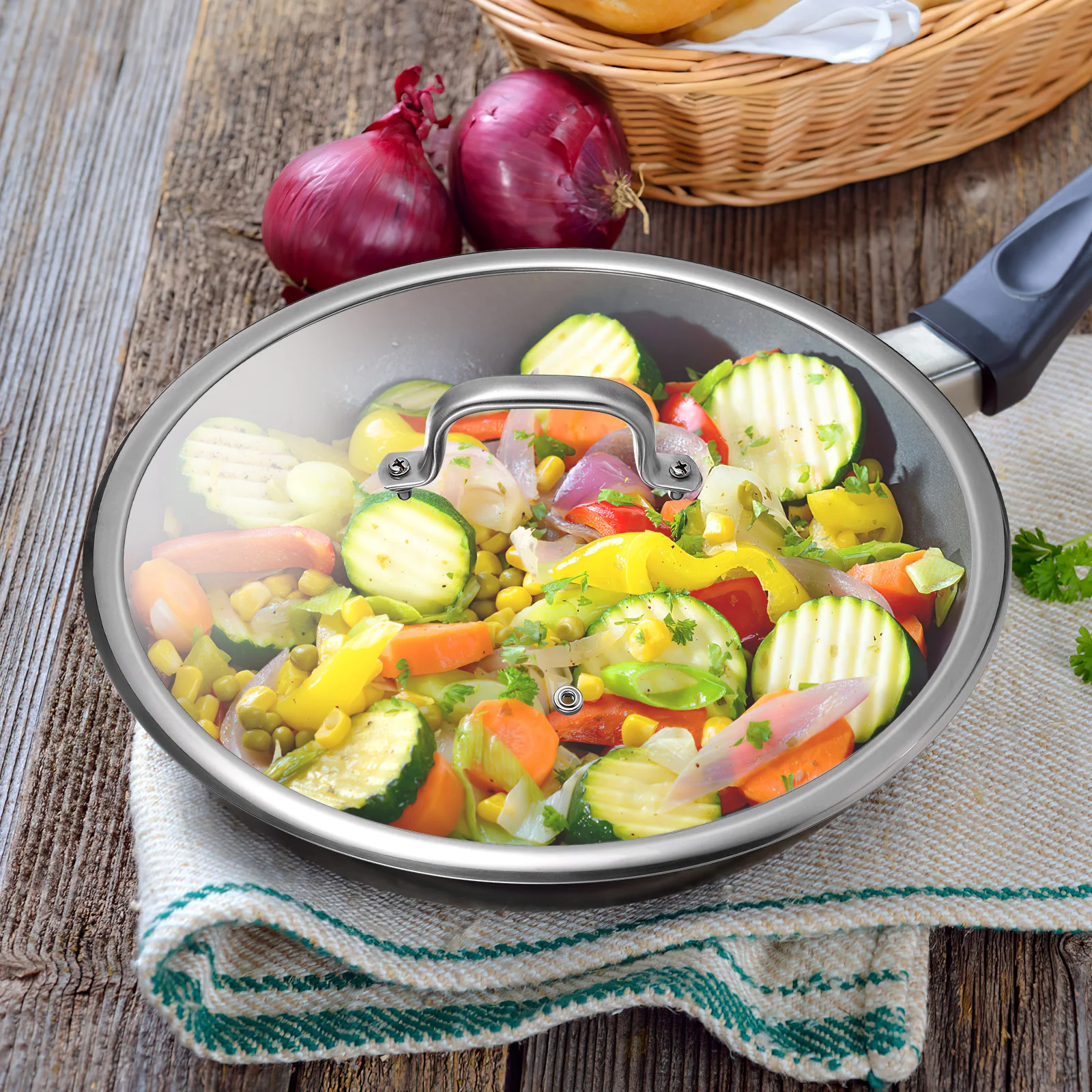 

Transparent Pot Cover Stainless Steel Lid Heat Resistant Glass Easy Grip Handle Drip Free Design Kitchen Accessory