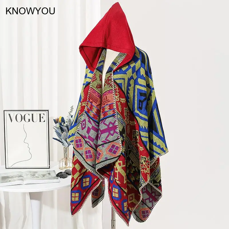 Autumn Winter New Shawls Men Ponchos Cashmere Blend Cape Reversible Jackets Thicken Hooded Echarpes Blanket Luxury Scarf