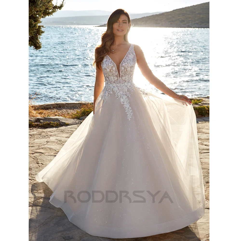 RODDRSYA Elegantes vestidos de casamento Boho para mulheres, decote em v, apliques A-Line, renda, sem encosto, personalizados, sexy, 2023