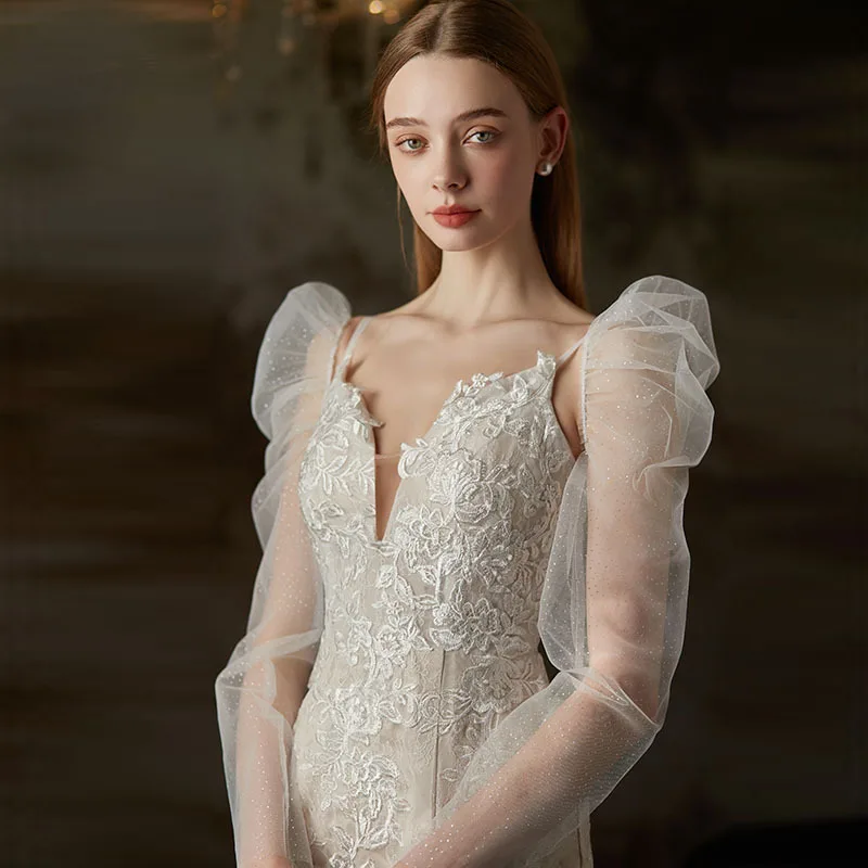 Aksesori gaun pengantin fotografi pengantin krem sifon transparan panjang perak cerah tabir surya yang mulia dan elegan