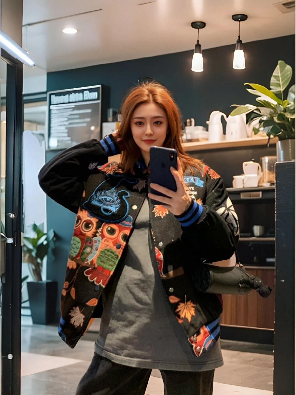 

Loose ex Owl Print Baseball Jaet Spring Autumn Street Sle Long Sve Denim Coat Men's Women's Faion Outerwear