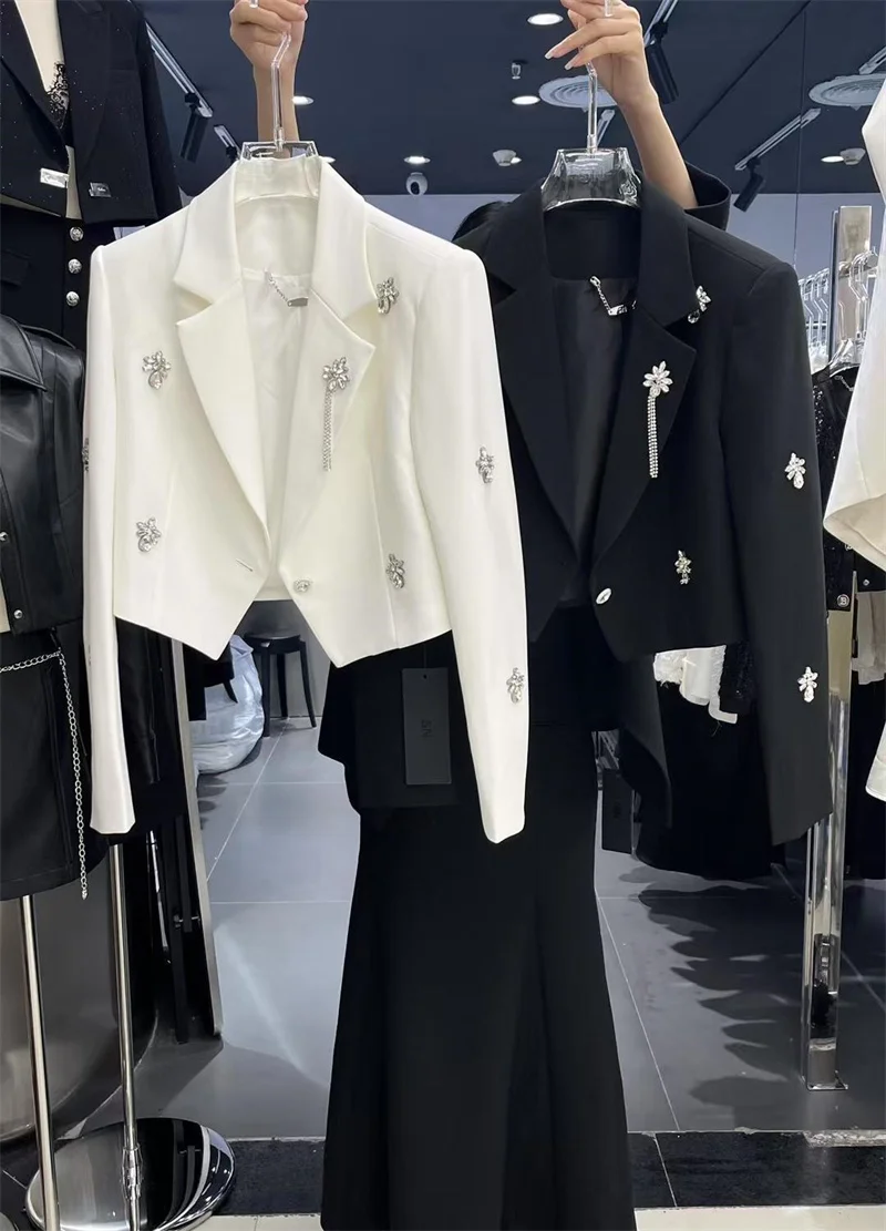 Traje de manga larga para mujer, abrigo corto con diseño Sense, industria pesada, cuentas tachonadas de diamantes, hombros anchos, traje Irregular, primavera