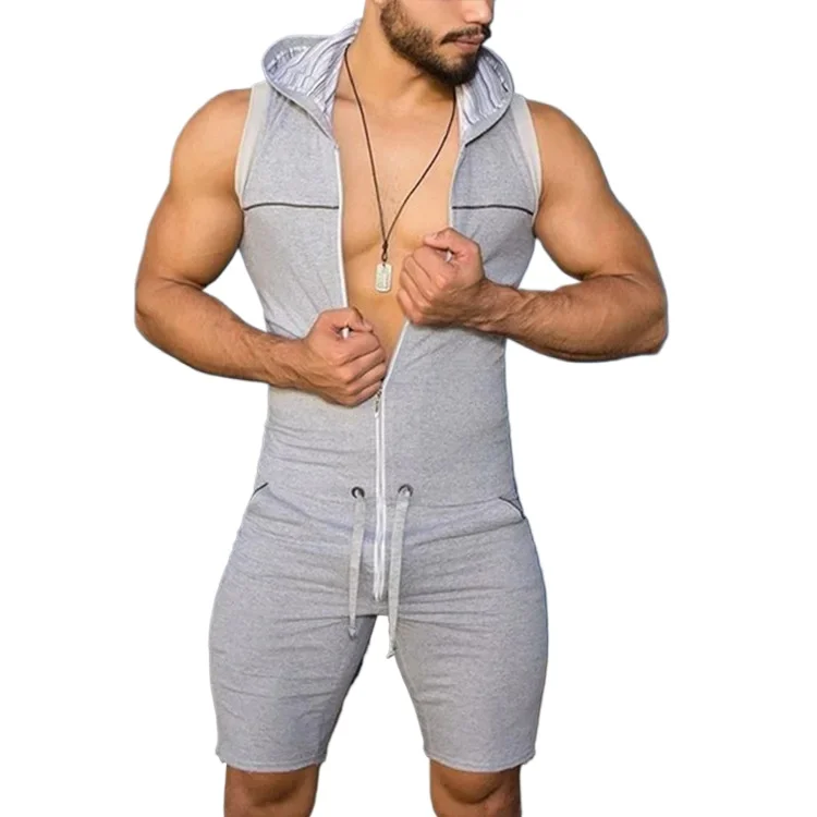 

YUFEIDA Summer Men One Piece Tight Fitness Jumpsuit Fashion Man Zipper Sleeveless Hooded Romper with Pockets Male Sport Bodysuit