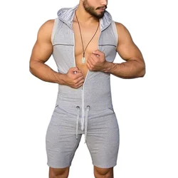 YUFEIDA Summer Men One Piece Tight Fitness Jumpsuit Fashion Man Zipper Sleeveless Hooded Romper with Pockets Male Sport Bodysuit