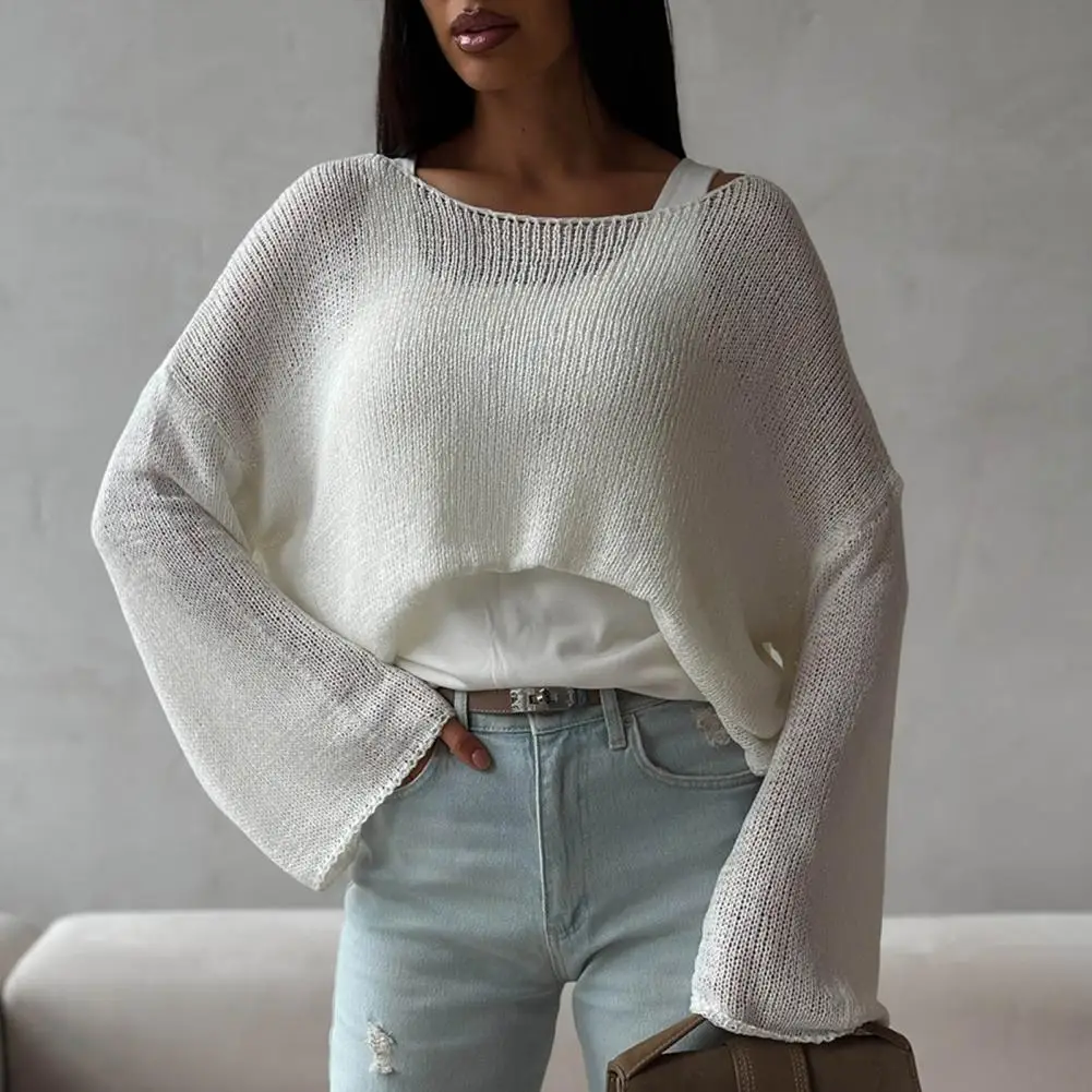 Вязаный пуловер с круглым вырезом, женский летний повседневный однотонный топ с длинными рукавами, топ 2025 г., свободный уличный офисный женский свитер, топ
