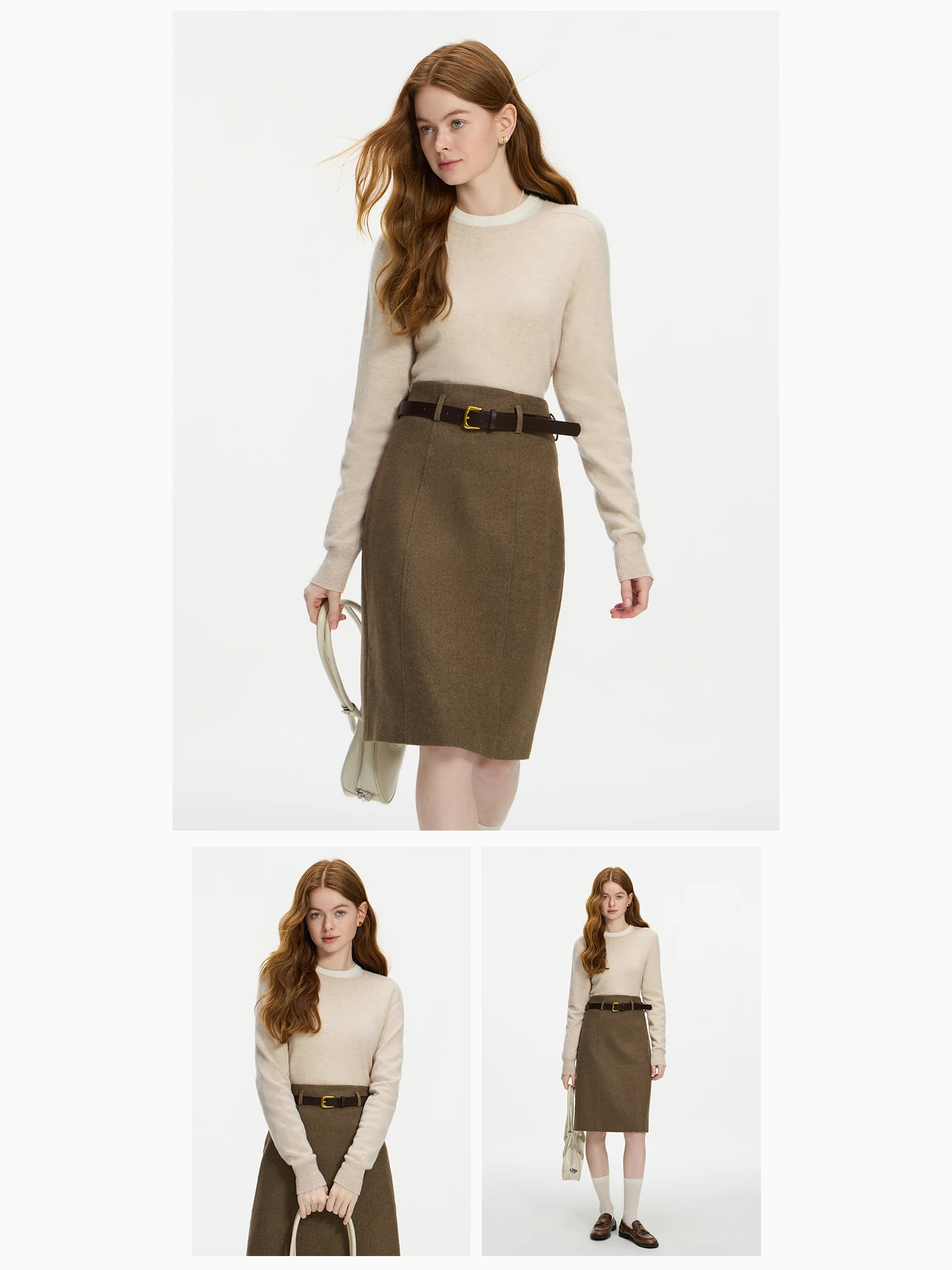 FSLE 100% Wool Seamless One-piece Knit Shirt Sweater For Women Autumn Winter New Design Wool Crew Neck Versatile Casual Sweater