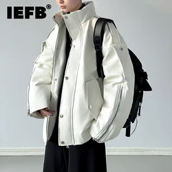 IEFB American Style Men's Jackets Metal Button Pu Leather Solid Color Zipper Patchwork Stand Collar New Male Padded Coat 9C7754