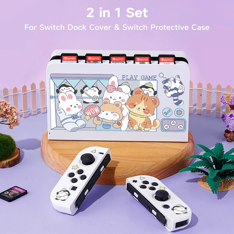 2 Pcs Animal Arcade Game  Theme Pattern Protective Case with Base Cover Set for Switch OLED/Switch NS, Can Store 5 Game Cards