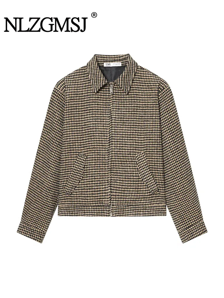 

Nlzgmsj 2026 Women Plaid Zipper Lapel Jacket Long Sleeve Women's Coat Loose Female Casual Outerwear Retro Lady Tops