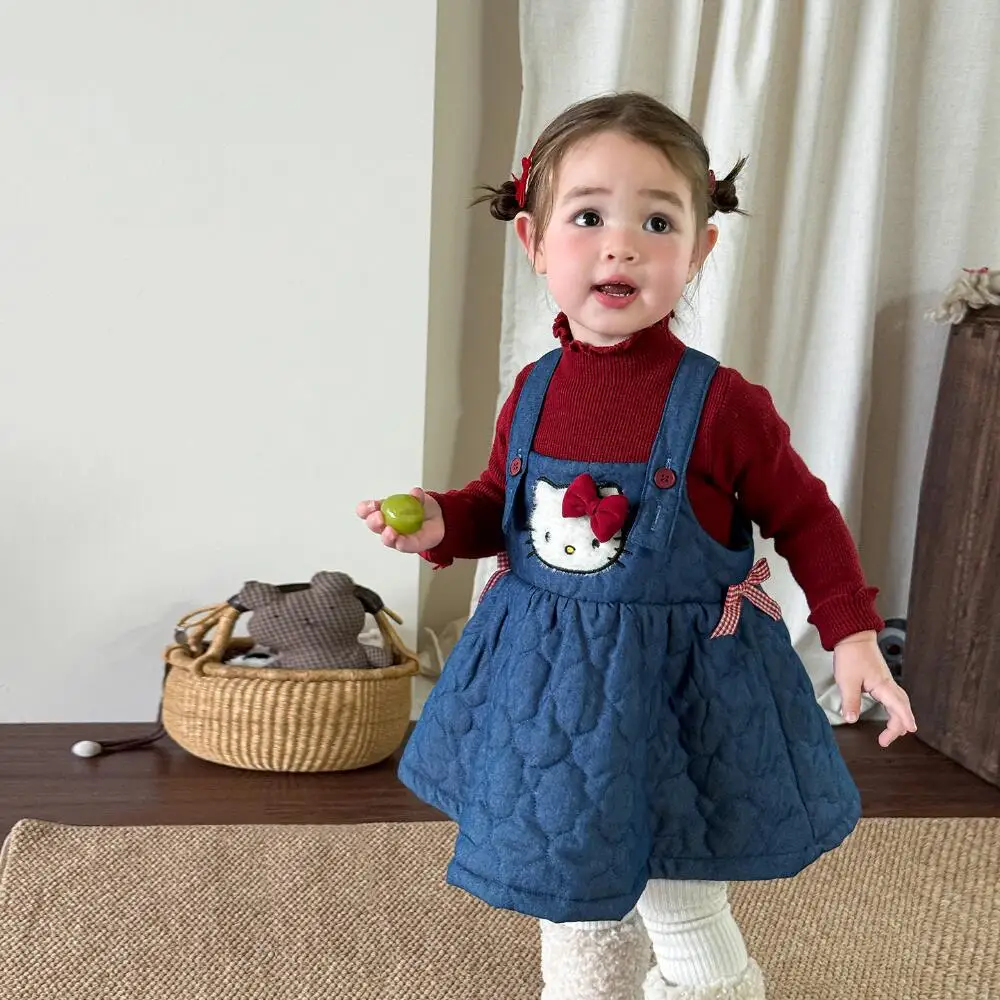 سانريو مرحبا كيتي ملابس الفتيات فستان الخريف/الشتاء جديد لطيف أنيق الطفل القطن مبطن حزام الكتف تنورة الأميرة تنورة