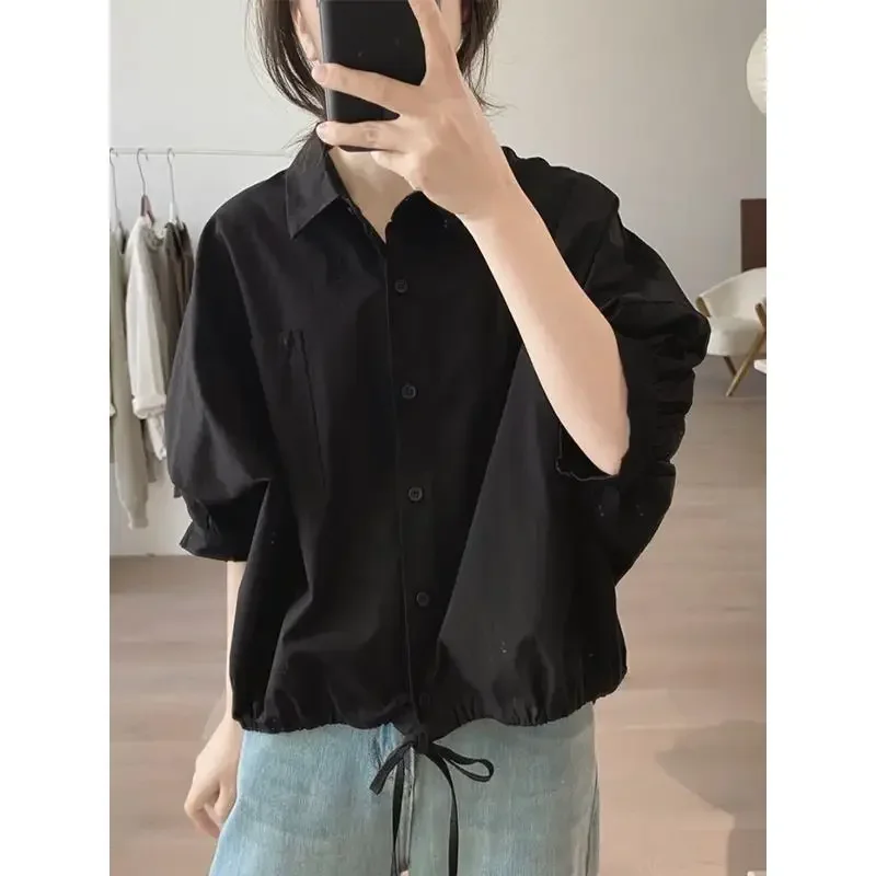 

Fashionable Bat Sleeves Solid Color Shirt For Women Summer Loose Waist Cinched Lace-up Short Sleeves Tops Trendy Women Clothing