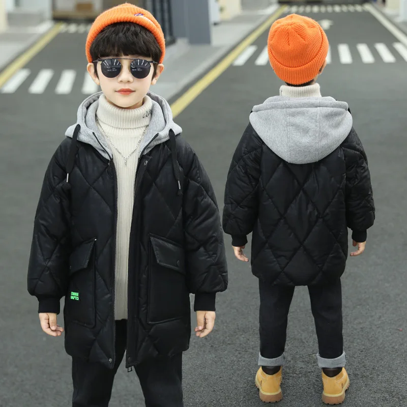 2024 New Teen Boys Winter Coats Plus Velvet Warm Kids Jacket Fashion Zipper Hooded Child Outerwear Clothing 4 6 8 10 12 14 Years