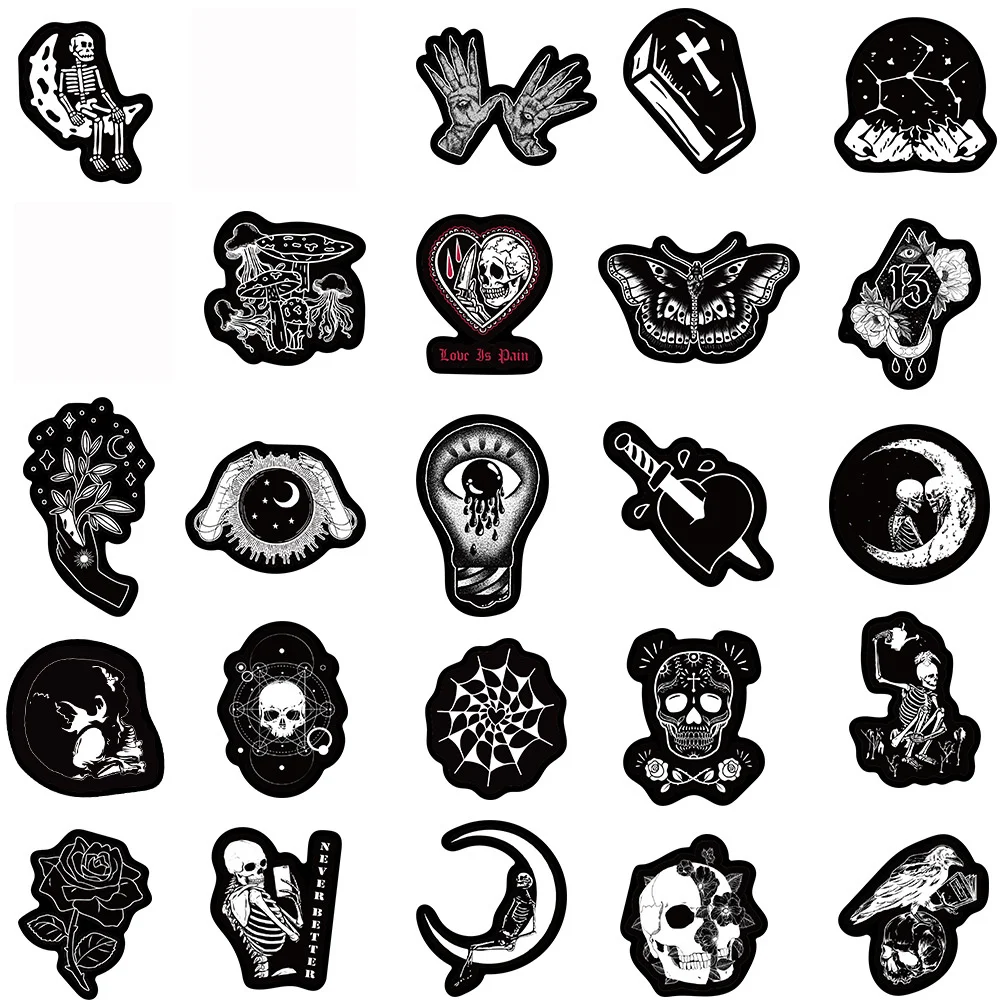 50pcs Black Goth Gothic Stickers Stationery Guitar Laptop Phone Ipad Sticker DIY Handmade Journaling Materials Craft Supplies