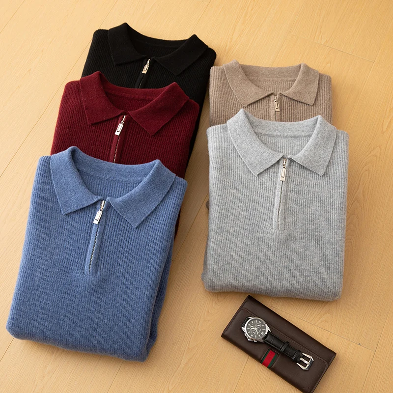 Autumn And Winter New 100% Pure Wool Men's Lapel Knitted Sweater Thickened Warm Bottoming POLO Shirt