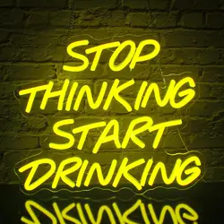Stop Thinking Start Drinking Neon Signs for Wall Decor USB Bar Signs Yellow Led Signs Beer Neon Restaurant Man Cave Bistro Party