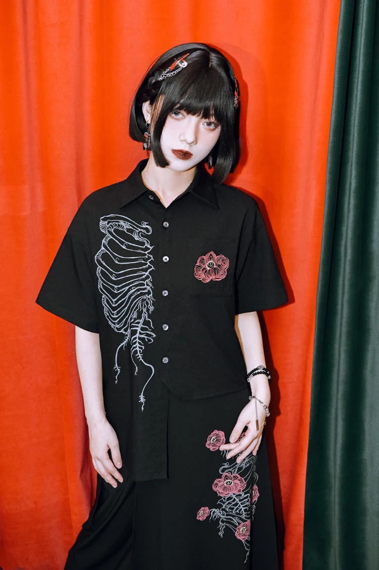 Half Sleeved Blouse for Women, Harajuku Gothic Black, Asymmetric Bone Print, Vintage Streetwear, Punk Cool Girl, New Summer