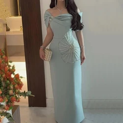 Elegant Jersey Evening Dress Off the Shoulder Straight Floor Length Women Customized Beading and Pleat فساتين سهره نسائيه فخمة
