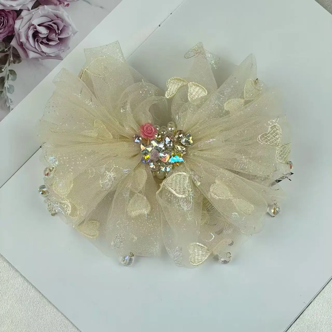 Horquilla original resistente con satén, diamantes de imitación, lazo de malla, accesorio para el cabello con clip de resorte elegante y dulce