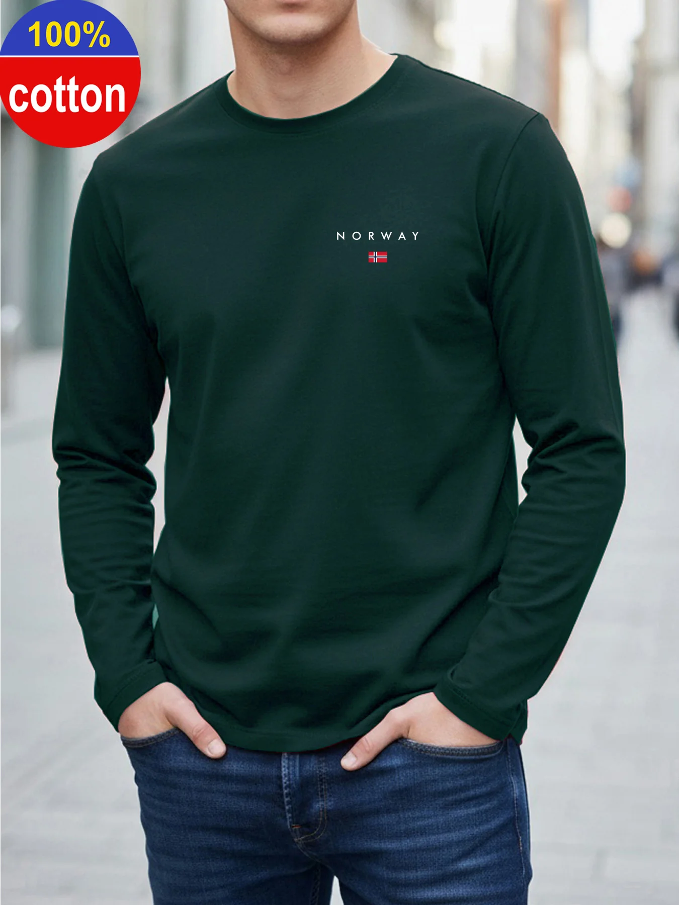 Men's 100% Pure Cotton Crew Neck Long Sleeve T-Shirt, Loose Fit, Fashion Pattern Print, Casual Versatile Top for Spring & Autumn