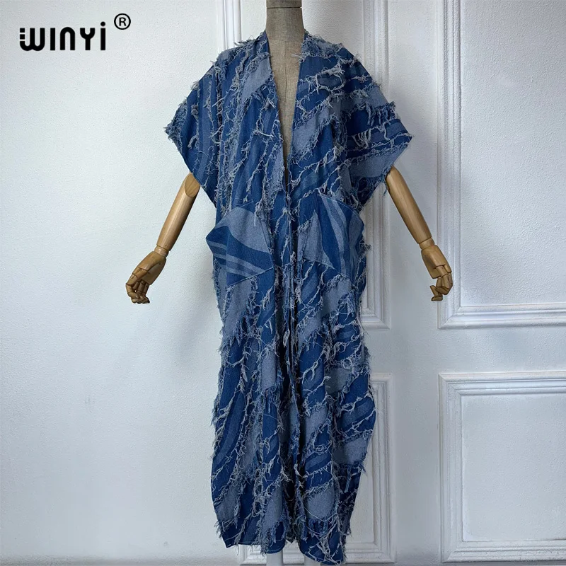 WINYI Kimono Sleeveless denim long down pocket Women coat elegant Party Holiday beach Cover Up fashion maxi dress