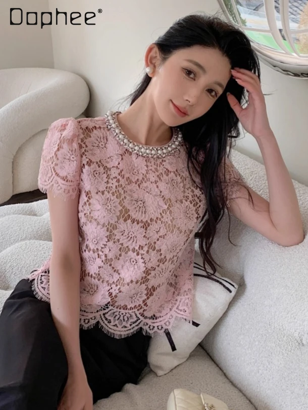 

High-end Sexy Hollow Beaded Short Sleeve Round Neck Pink Lace Shirt Female French Elegant Socialite Vintage Print Top Women