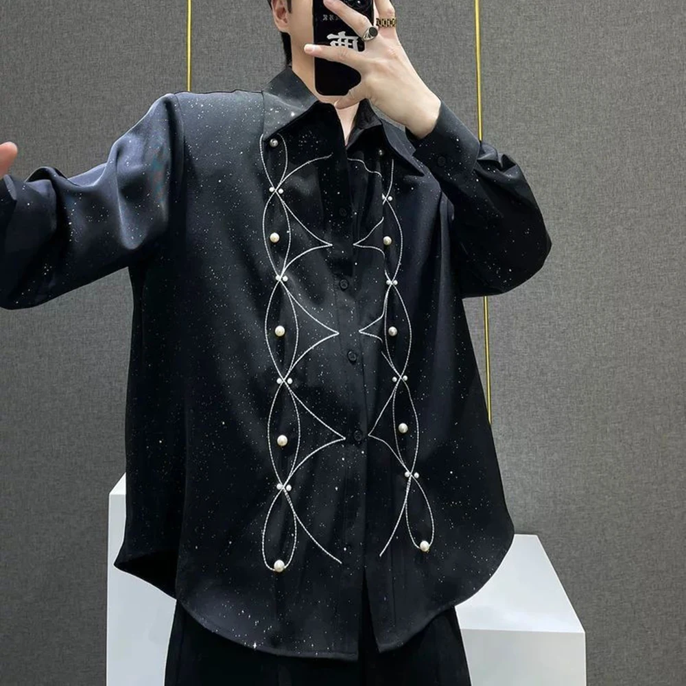 

Mens Shirt Pearl Topstitching Shoulder Pad Shirt Ballroom Nightclub Stage Performance Long-Sleeved Top Men'S Clothing 2025 New