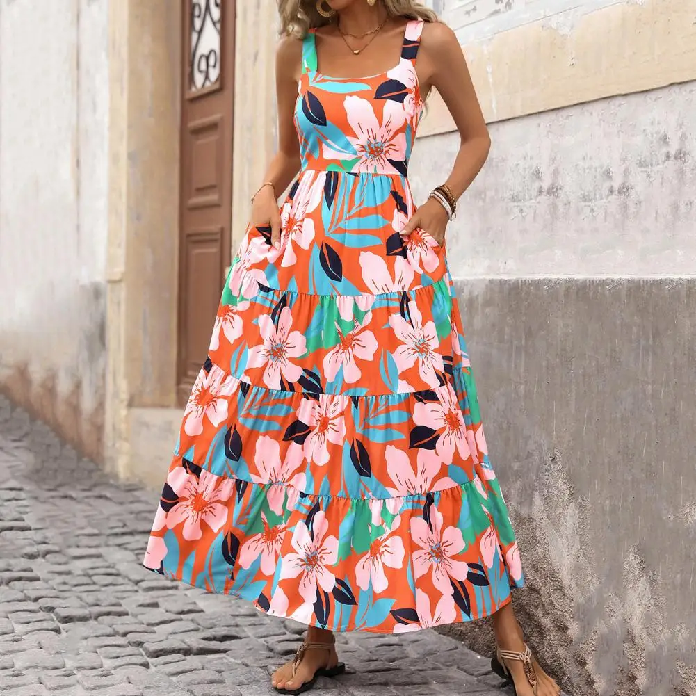 Vestido bohemio con estampado Floral para mujer, maxivestido de playa, línea A, plisado, dobladillo de retazos, escote cuadrado