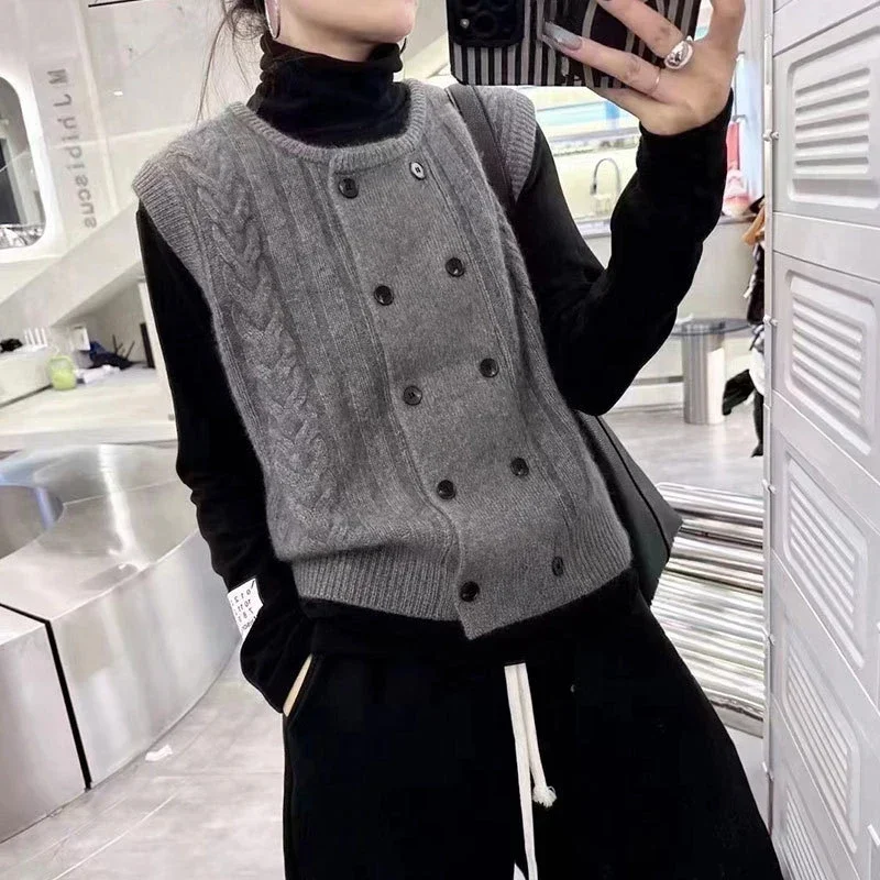 High-Grade Twist Sweater Vest Cardigan Women Autumn and Winter French Stacked Knit Vest Sleeveless Waistcoat Top Thickened