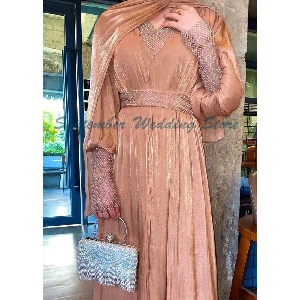 

Classic Evening Dresses V Neck Long Sleeves High Quality Floor Length A Line Banquet Celebrity Prom Party Female Gowns Elegant