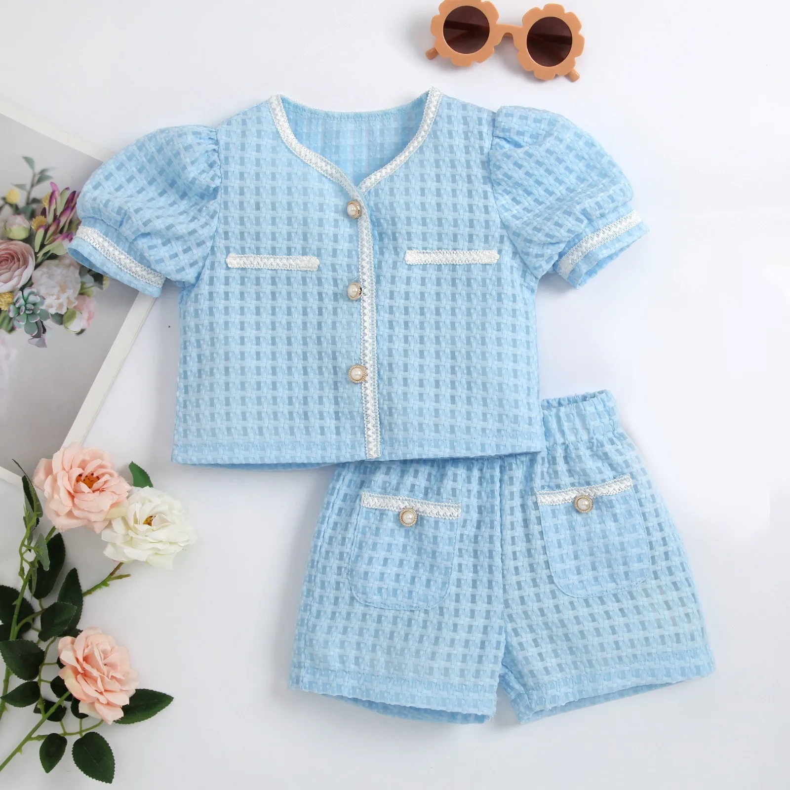 

Baby Gift Girls V Neck Bubble Sleeve Top Woven Pocket Pants 2 Piece Set 3 Month Old Clothes