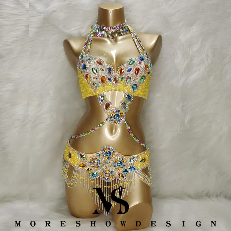 Belly Dance Performance Costumes Bra and Belt 2 Pieces Set for Women Handmade Sequins for Night Club Oriental Performance Props
