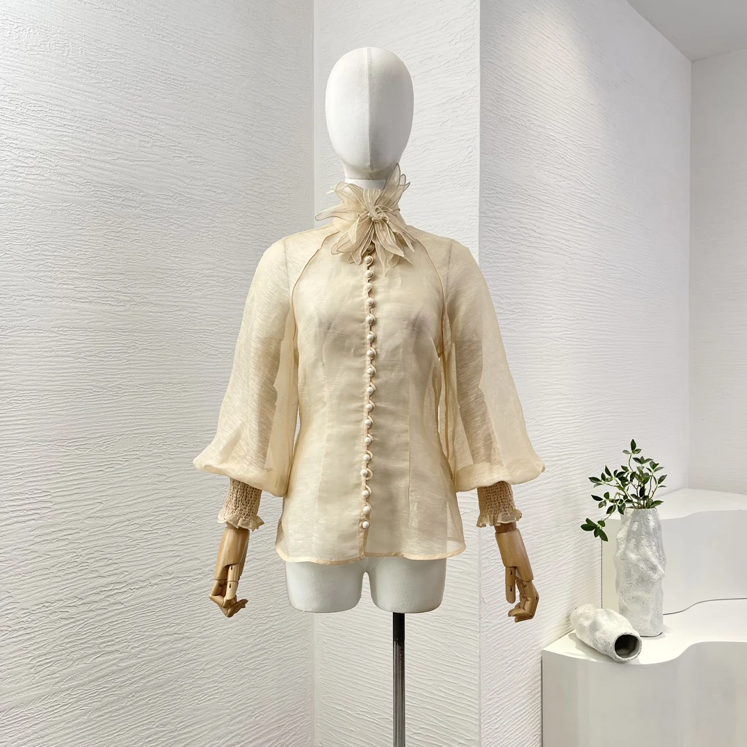 

2025 High Quality Beige Long Sleeve Flowers Appliqued See Through Blouse Tops