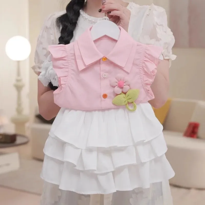

TOY-Girls' Summer Outfit2025New Style Baby Girl Fashionable Flutter Sleeve Floral Top and Cake Skirt Summer Two-Piece Set