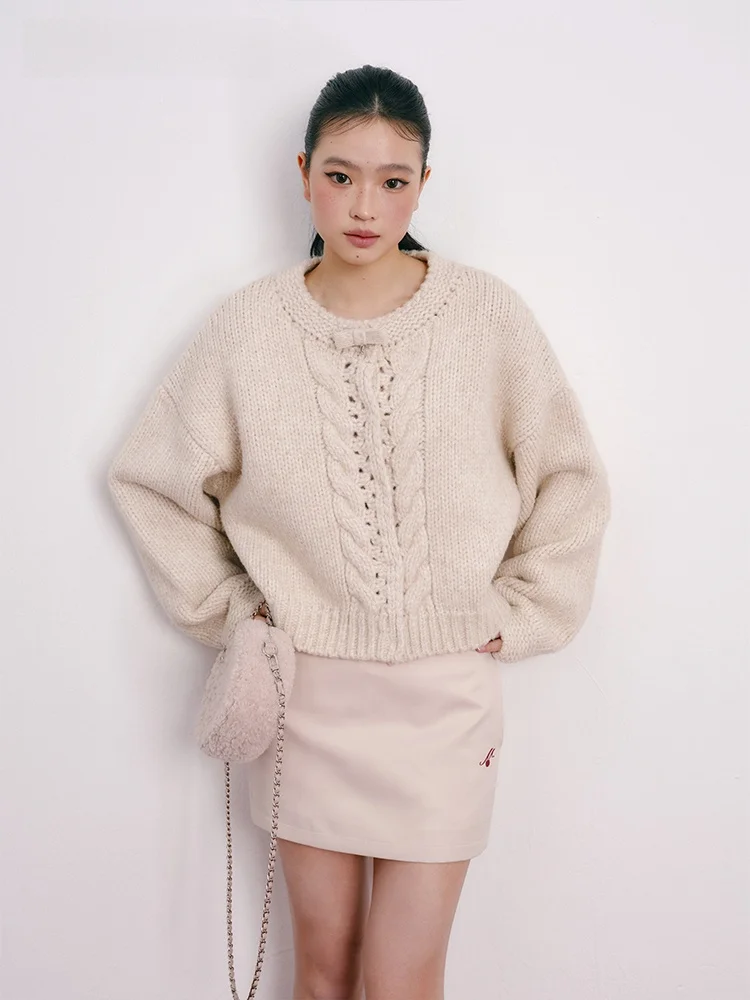 Moonmoi Spring Moka Vintage Gentle  Knot Thi Knit Wool Blend Knitted Cardigan Casual Loose Fit Warm ort Length