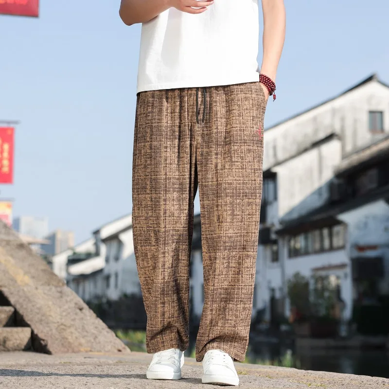 New Chinese Style · Men's Checkered Cross-stitch Wide-leg Pants, Loose and Draping + Ankle-binding Design, （Chinese Sizes）