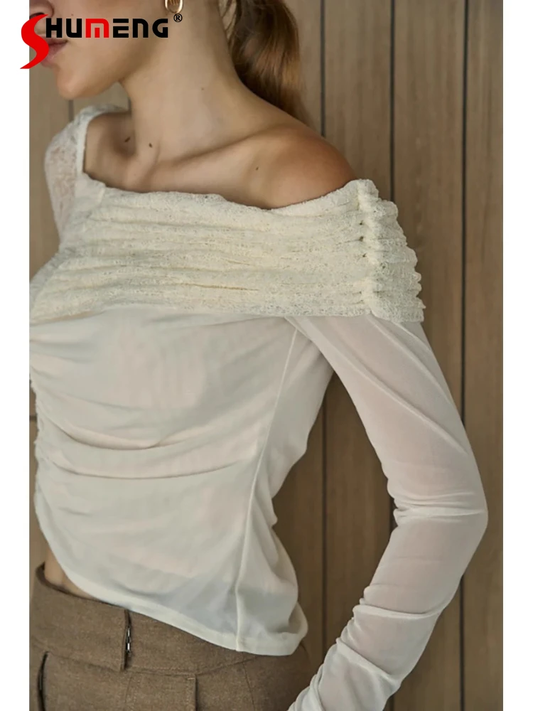 

2025 Japanese Style Exquisite Sweet Lace Off-Shoulder Long Sleeve Tops Spring Autumn Women's Slim Fit Elegant Pullover T-Shirts