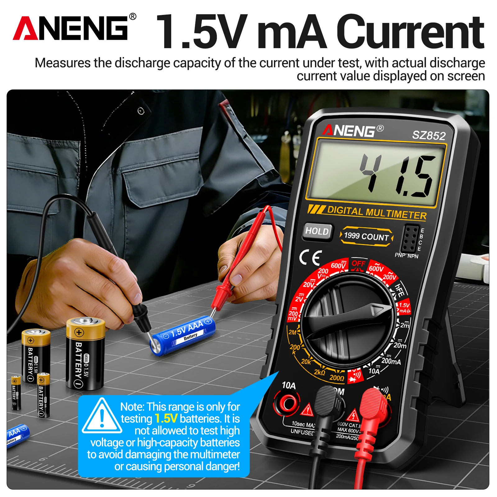 ANENG SZ852 Digital Multimeter 1999 Counts 600V AC/DC Voltage Current Resistance Transistor Test Electrician Maintenance Meter