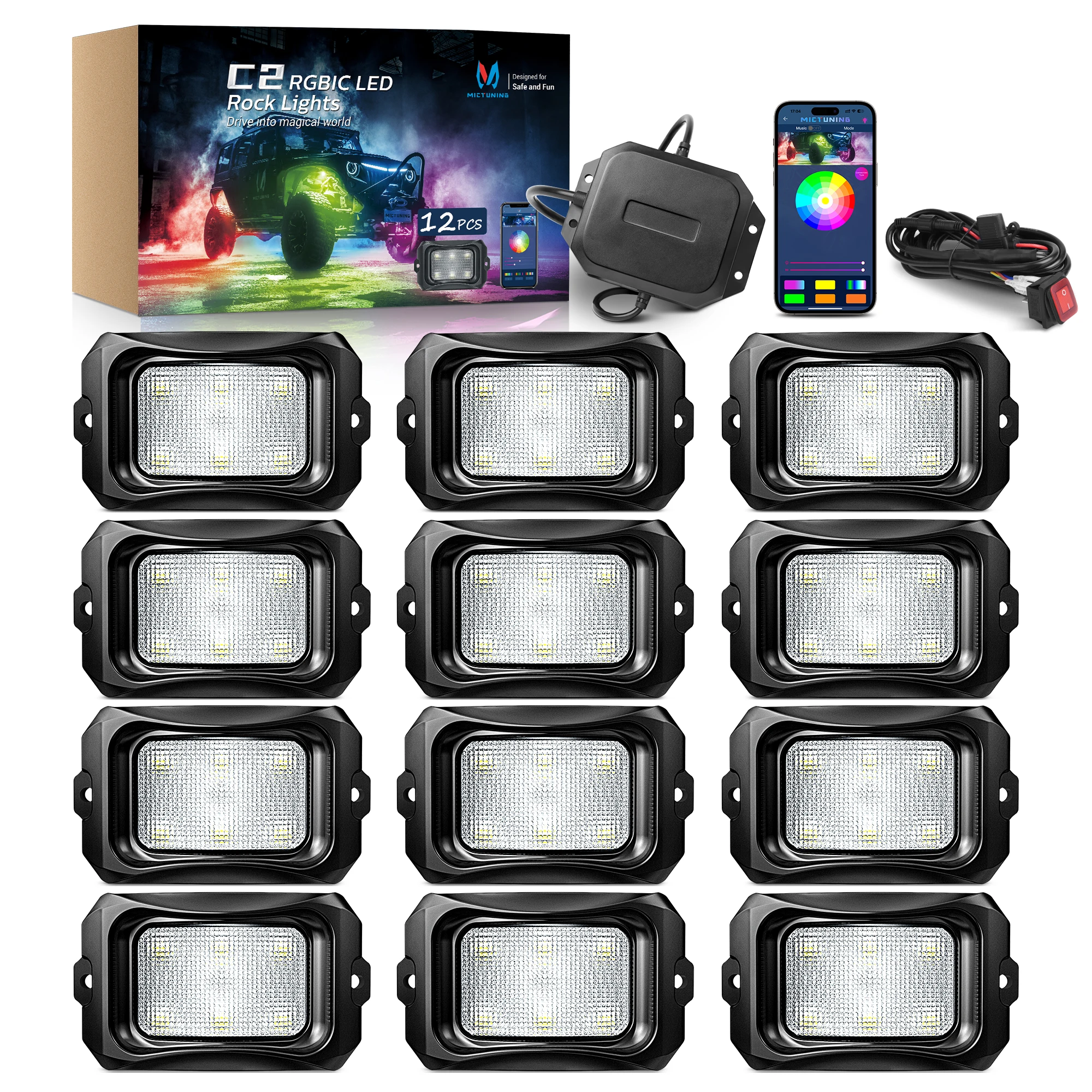 MICTUNING C2 Extensible RGB+IC LED Rock Lights Kit, 12 Pods Underglow Lighting Kit with Wireless Bluetooth APP Control