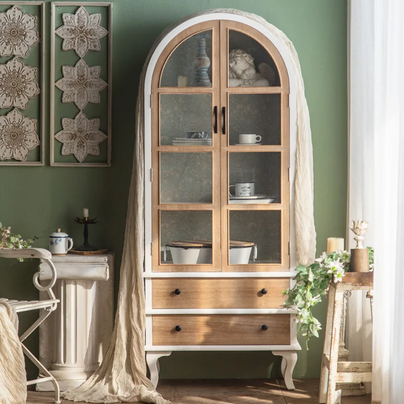 Living room household dust-proof glass wall vertical cabinet multi-layer storage double door solid wood cabinet