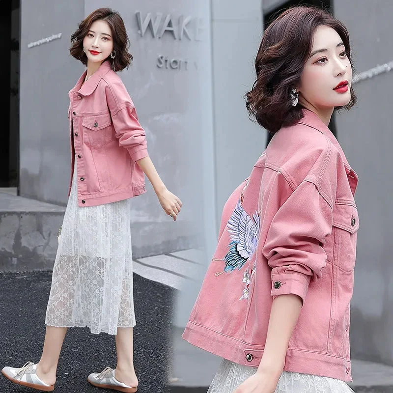 

Autumn Female Embroidery Denim Short Outwear Spring Lady Long Sleeves Casual Cowboy Jacket Korean Women Fashion Loose Jeans Coat