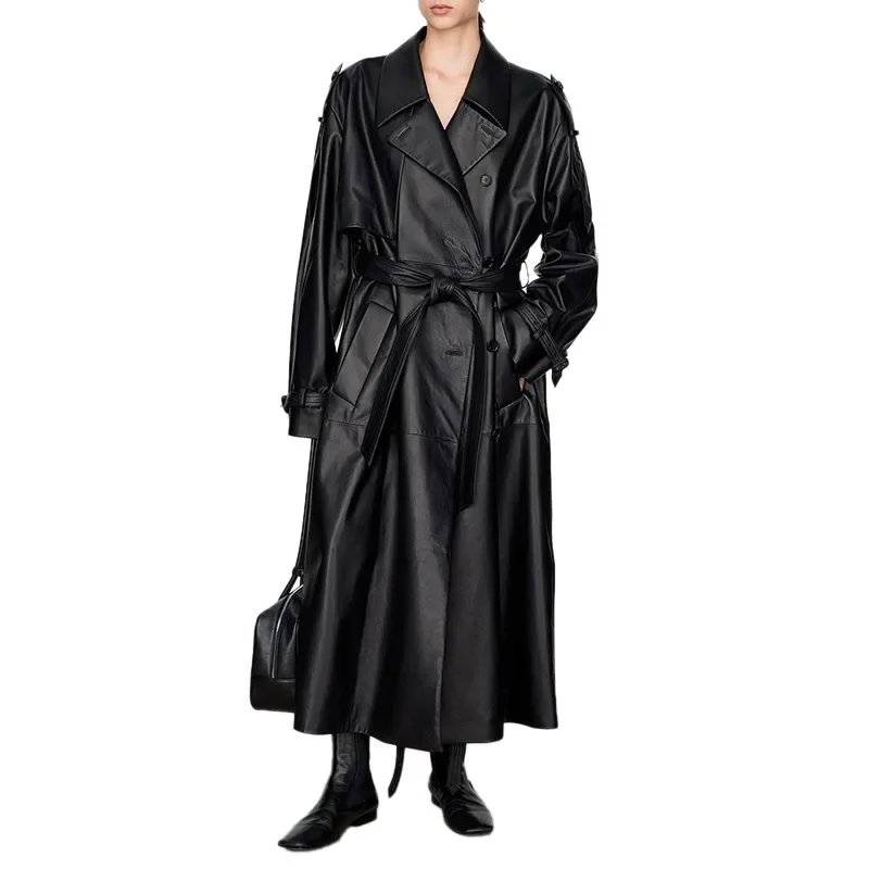 Veste en cuir à boutonnage simple pour femmes, manteau long, manches longues, ceinture, vêtements pour femmes, nouveautés