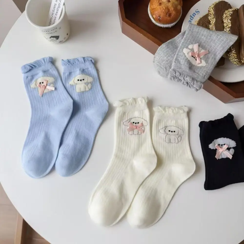 4Pairs Sweet Cartoon Dog Bowknot Ruffle Socks Anti-slip Hosiery Sweet Tube Socks Ballet Style Kawaii Mid-calf Socks Women Lady