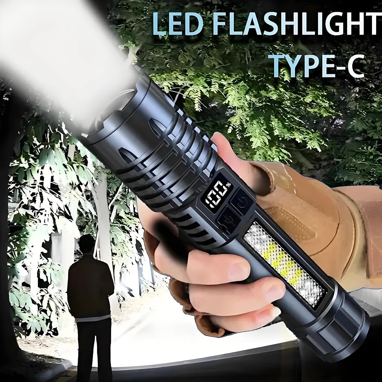 AODTOSIP 1Pcs High Lumens COB Flashlight Type-C Rechargeable Tactical Torch Camping Lamp with Power Display