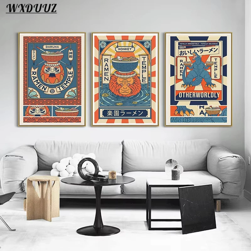 Vintage Illustrator Japan Ramen  Poster Animal Ramen Sushi Painting Wall  Decoration Kawaii Room Decor Canvas Poster