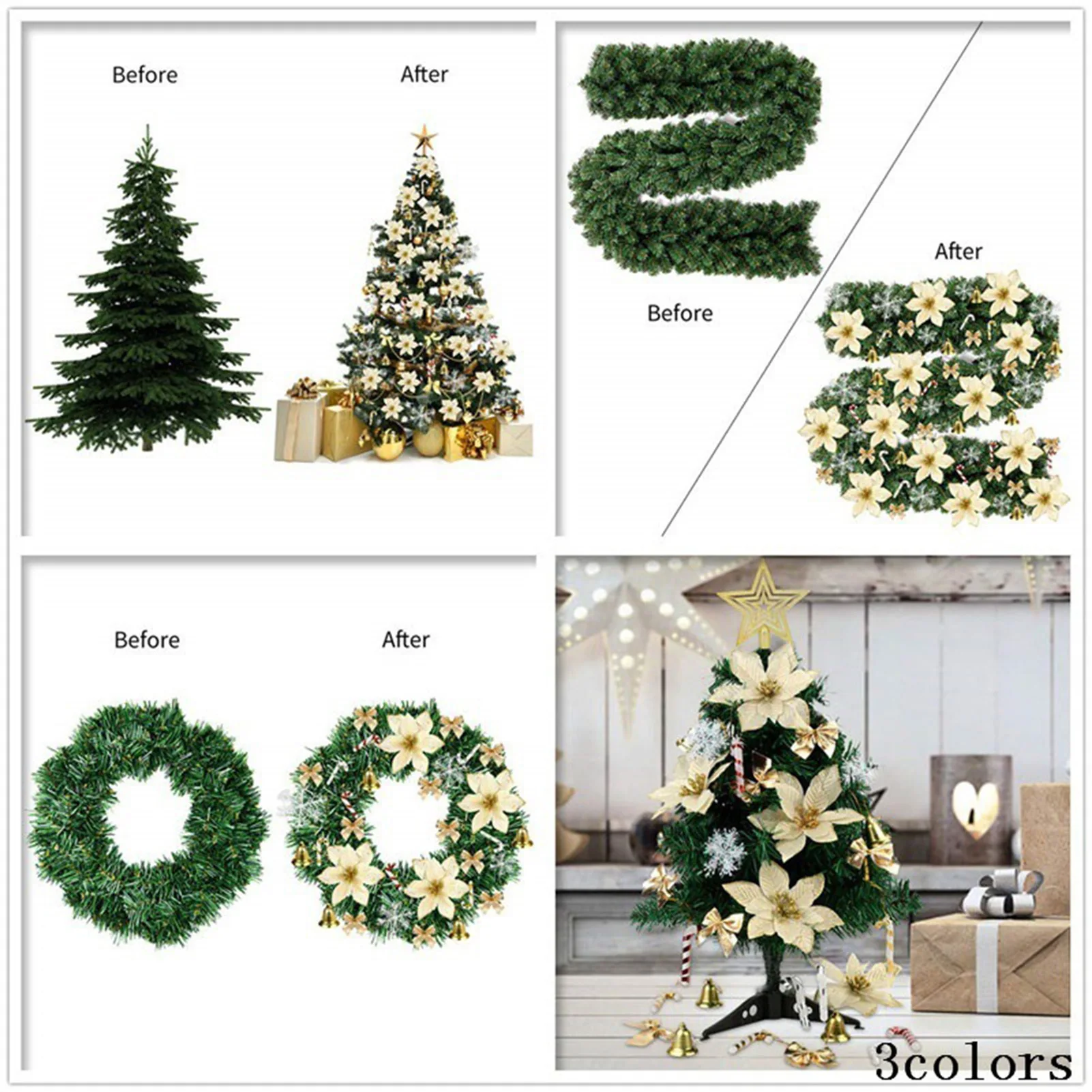 Kerstboom Decoratie Set Met Kerst Bloem Sneeuwvlok Strik Bell Cane Ornament Voor Kerstfeest Vakantie