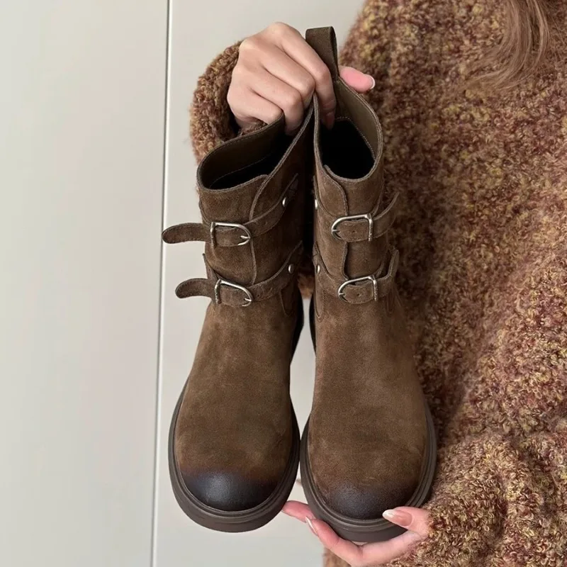 Flats Women's Ankle Boots Designer Suede Shoes Winter 2025 Fashion Trend Chelsea Boots New Walking Goth Short Mujer De Botas