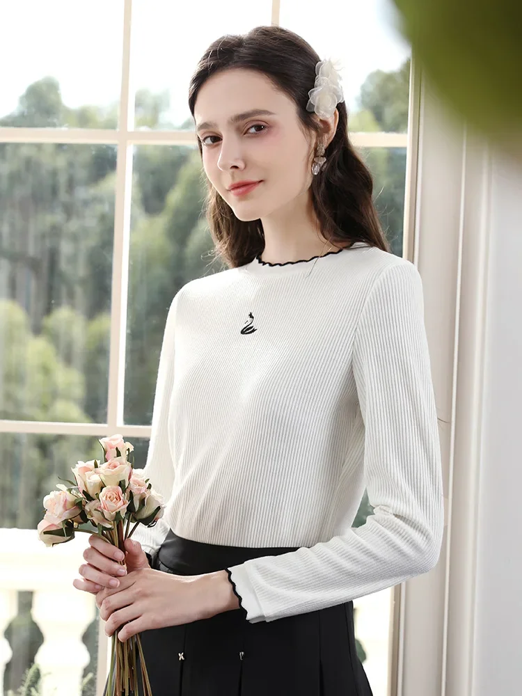 I BELIEVE YOU White Knitted T-shirt Swan Swan Embroidered Crew Neck Long-sleeved Tees 2024 Autumn Slim-fit Base Shirt 2244015818